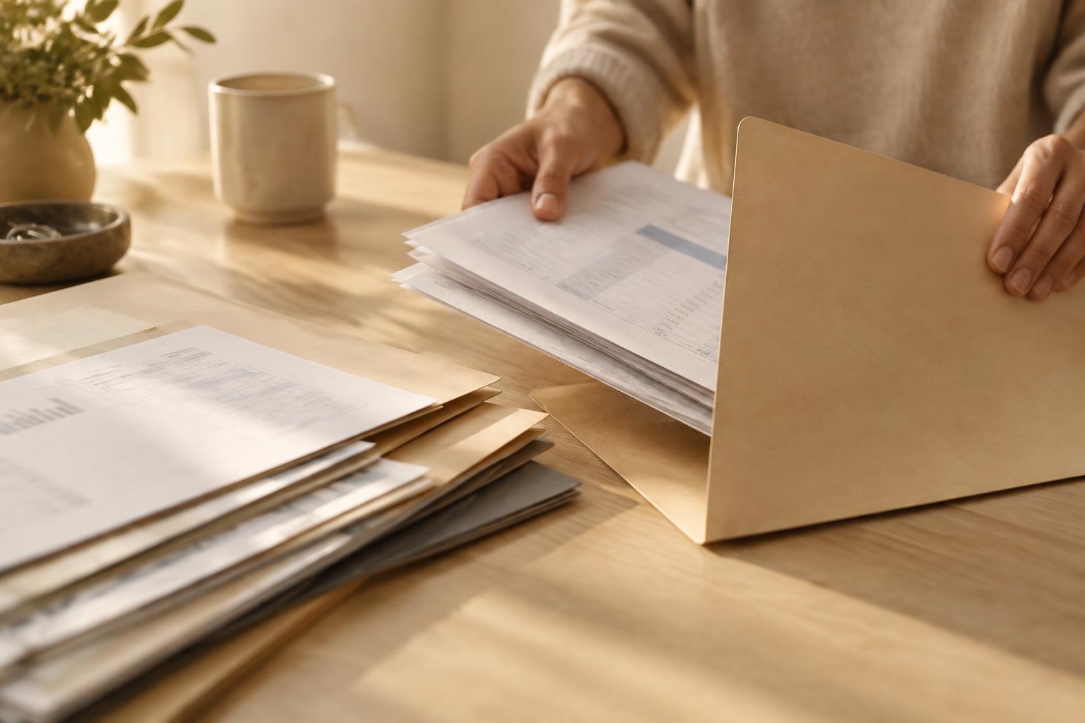 Mehrere Papierstapel mit Kontoauszügen werden in einer einzigen Mappe zusammengefasst